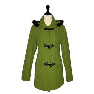 Christopher & Banks Pea Green Hooded Faux Fur Coat M